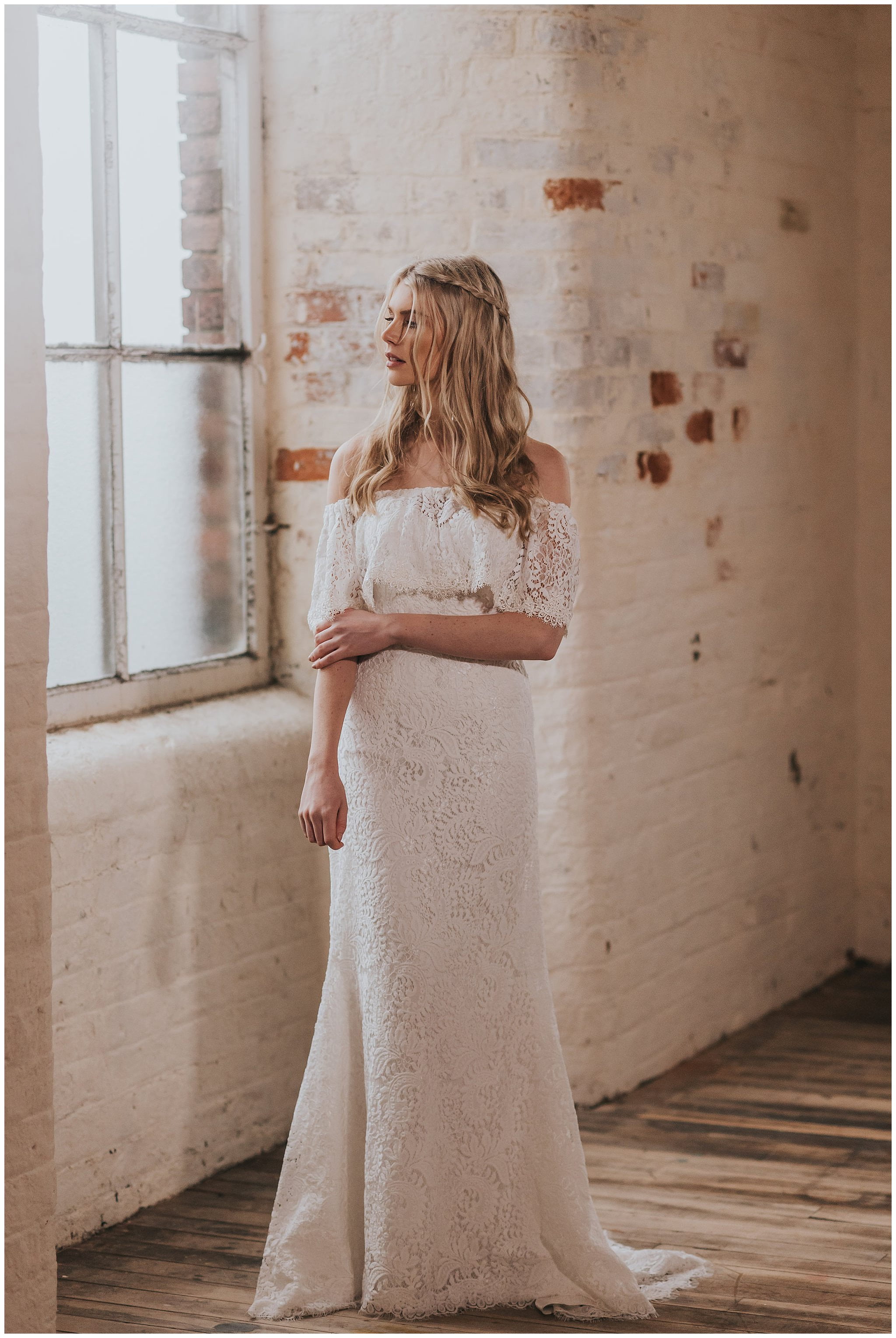 lace bardot bridesmaid dress